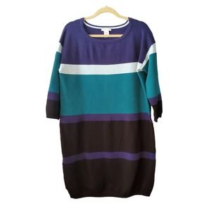 Joan Vass Size 12-14 (2) Sweater Dress Colorblock Stripe Black Blue Knit Stretch